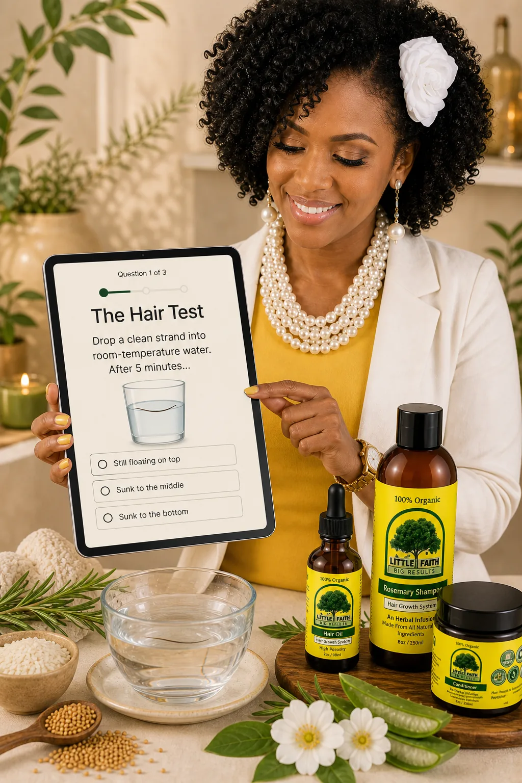 Personalized natural hair-care quiz with curl patterns and porosity testing